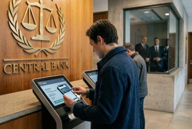 Usuario utiliza su smartphone en un quiosco de servicios financieros dentro de un banco central