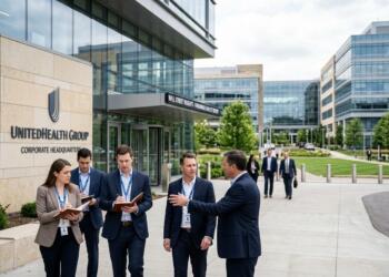 Analistas toman notas durante una visita a las oficinas de UnitedHealth Group