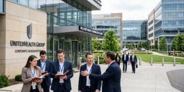 Analistas toman notas durante una visita a las oficinas de UnitedHealth Group