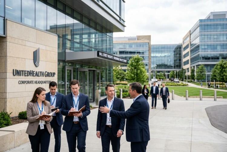 Analistas toman notas durante una visita a las oficinas de UnitedHealth Group
