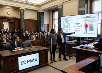 Hombre señala gráfico de IA y registros de despido ante un juez en un tribunal.