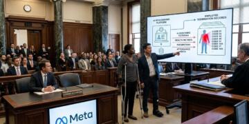 Hombre señala gráfico de IA y registros de despido ante un juez en un tribunal.