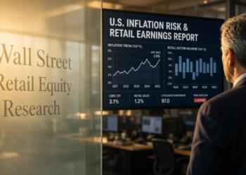 Hombre de traje observa una pantalla con gráficos de inflación y ventas minoristas.