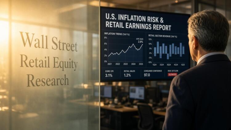 Hombre de traje observa una pantalla con gráficos de inflación y ventas minoristas.