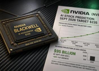 Chip Nvidia Blackwell B100 junto a un informe financiero con pronóstico de acciones.