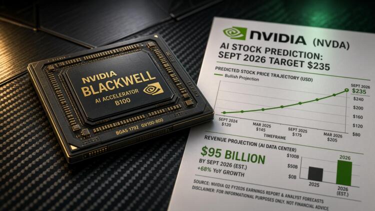 Chip Nvidia Blackwell B100 junto a un informe financiero con pronóstico de acciones.
