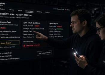 Dos operadores revisan una pantalla de control con alertas de seguridad en Hugging Face.