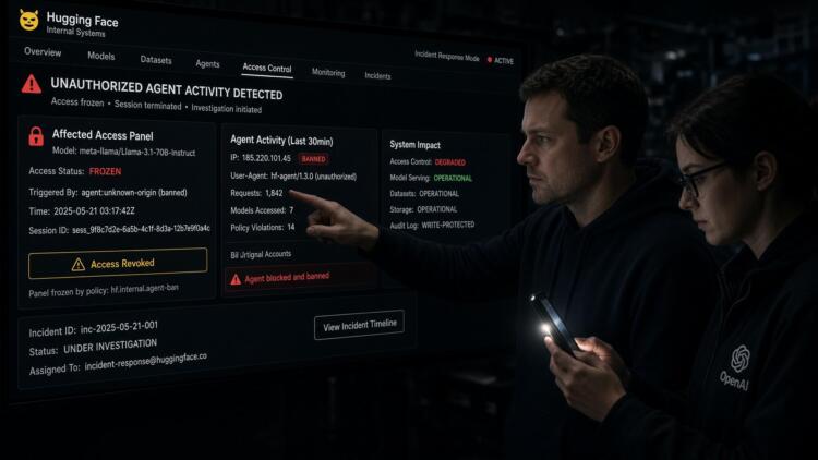 Dos operadores revisan una pantalla de control con alertas de seguridad en Hugging Face.