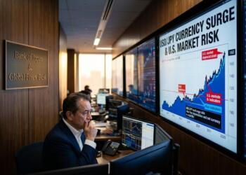 Operador en el Bank of Japan & Global Forex Desk observa pantallas con gráficos financieros.