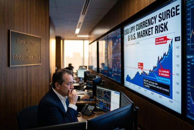 Operador en el Bank of Japan & Global Forex Desk observa pantallas con gráficos financieros.