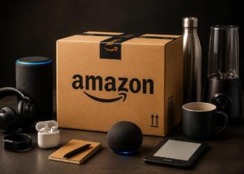 Caja de Amazon rodeada de productos y dispositivos tecnológicos.