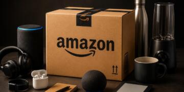 Caja de Amazon rodeada de productos y dispositivos tecnológicos.