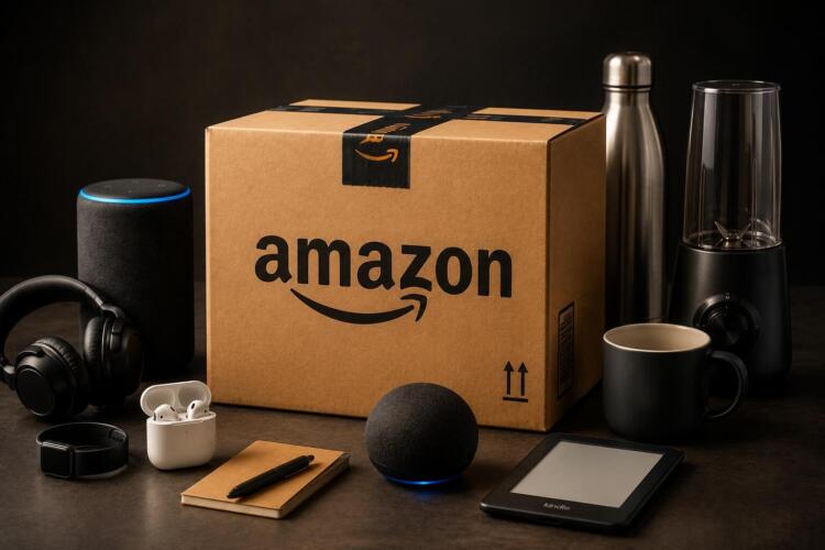 Caja de Amazon rodeada de productos y dispositivos tecnológicos.