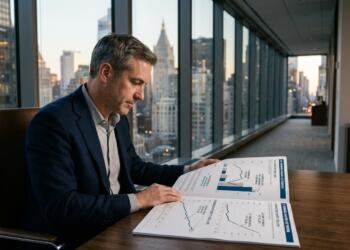 Hombre de traje en una oficina ejecutiva revisando un informe impreso con gráficos.