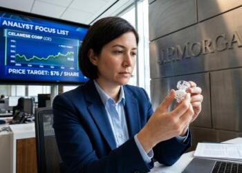 Mujer en oficina de J.P. Morgan sostiene un componente frente a pantalla con analistas.
