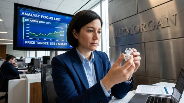 Mujer en oficina de J.P. Morgan sostiene un componente frente a pantalla con analistas.