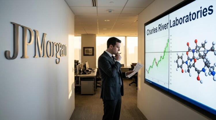 Hombre de traje en pasillo de J.P. Morgan observa pantalla con gráficos de Charles River.