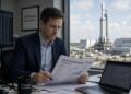 Analista de JPMorgan examina un informe de valoración de SpaceX con un cohete de fondo.
