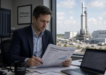 Analista de JPMorgan examina un informe de valoración de SpaceX con un cohete de fondo.
