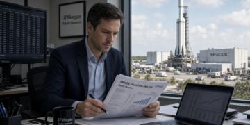 Analista de JPMorgan examina un informe de valoración de SpaceX con un cohete de fondo.