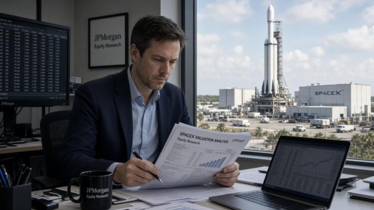 Analista de JPMorgan examina un informe de valoración de SpaceX con un cohete de fondo.