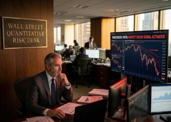 Hombre de traje en el Wall Street Quantitative Risk Desk observa gráficos de mercado en caída.