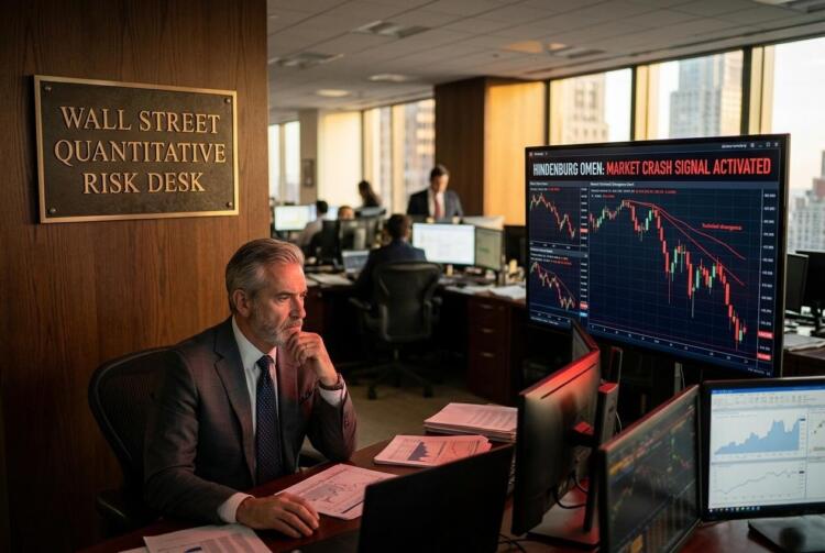 Hombre de traje en el Wall Street Quantitative Risk Desk observa gráficos de mercado en caída.