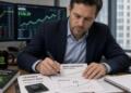 Analista financiero examina un informe de acciones de Nvidia con gráficos en pantallas.