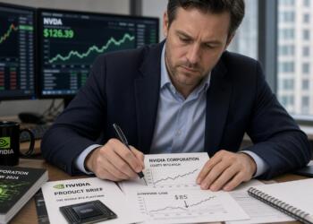 Analista financiero examina un informe de acciones de Nvidia con gráficos en pantallas.