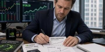 Analista financiero examina un informe de acciones de Nvidia con gráficos en pantallas.