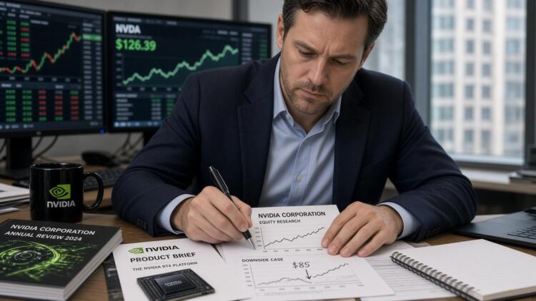 Analista financiero examina un informe de acciones de Nvidia con gráficos en pantallas.