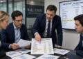 Cuatro analistas financieros revisan una cuenta de resultados en una sala de juntas.
