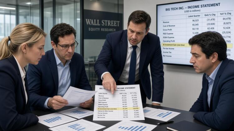 Cuatro analistas financieros revisan una cuenta de resultados en una sala de juntas.