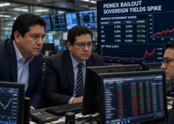 Tres analistas financieros observan pantallas con datos sobre bonos soberanos de México.