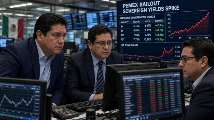 Tres analistas financieros observan pantallas con datos sobre bonos soberanos de México.