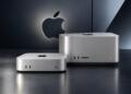 Mac mini y Mac Studio junto a un logo de  iluminado.