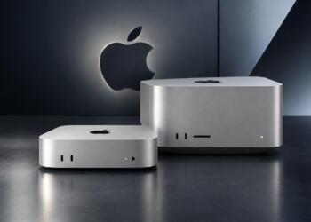 Mac mini y Mac Studio junto a un logo de  iluminado.