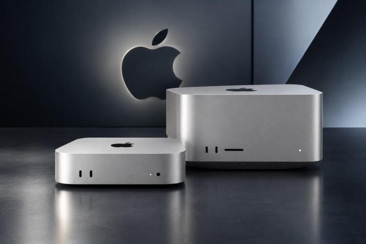 Mac mini y Mac Studio junto a un logo de  iluminado.