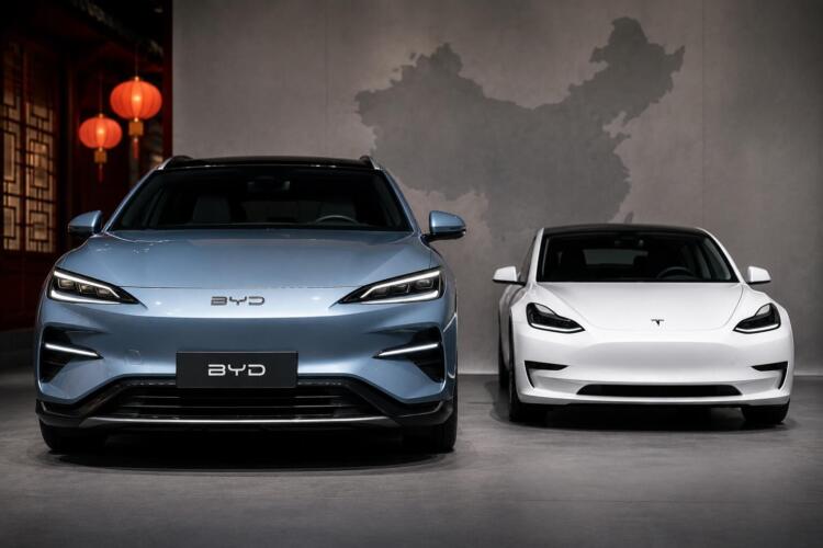 Vehículos eléctricos de BYD y Tesla en un escenario automotriz.