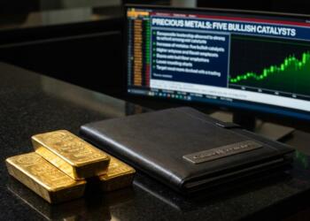 Tres barras de oro y un portafolio de Citadel Securities frente a una pantalla con gráficos.