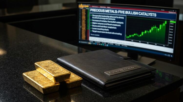 Tres barras de oro y un portafolio de Citadel Securities frente a una pantalla con gráficos.