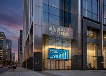 Edificio corporativo de Duke Energy con una pantalla que muestra gráficos financieros.