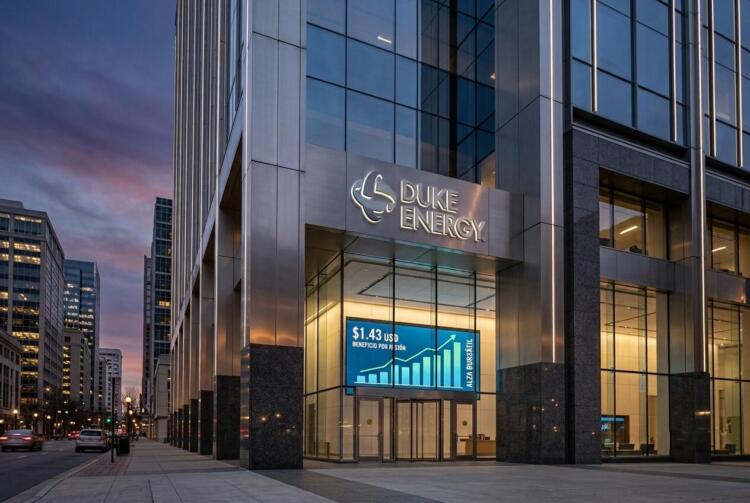 Edificio corporativo de Duke Energy con una pantalla que muestra gráficos financieros.