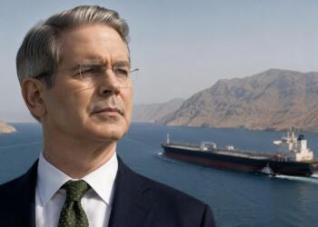 Scott Bessent con un petrolero en el Estrecho de Ormuz.