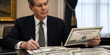 Scott Bessent revisa bonos del Tesoro de EE.UU. sobre una mesa