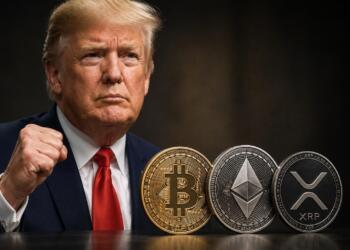 Donald Trump junto a Bitcoin, Ethereum y XRP en una imagen editorial.