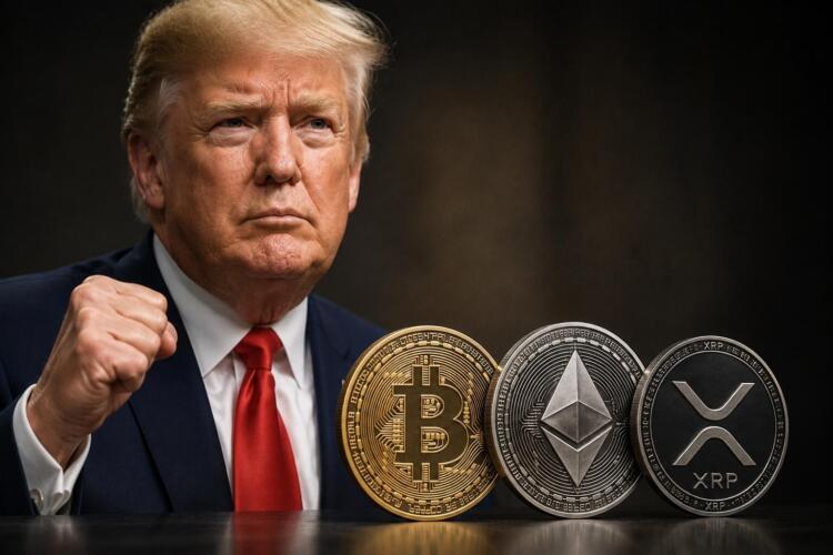 Donald Trump junto a Bitcoin, Ethereum y XRP en una imagen editorial.