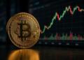 Bitcoin dorado junto a una pantalla con gráficos de criptomonedas.