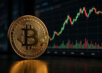Bitcoin dorado junto a una pantalla con gráficos de criptomonedas.