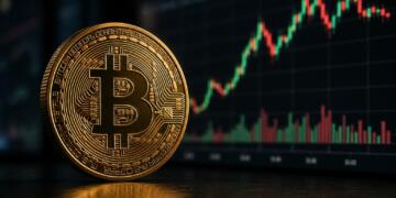 Bitcoin dorado junto a una pantalla con gráficos de criptomonedas.